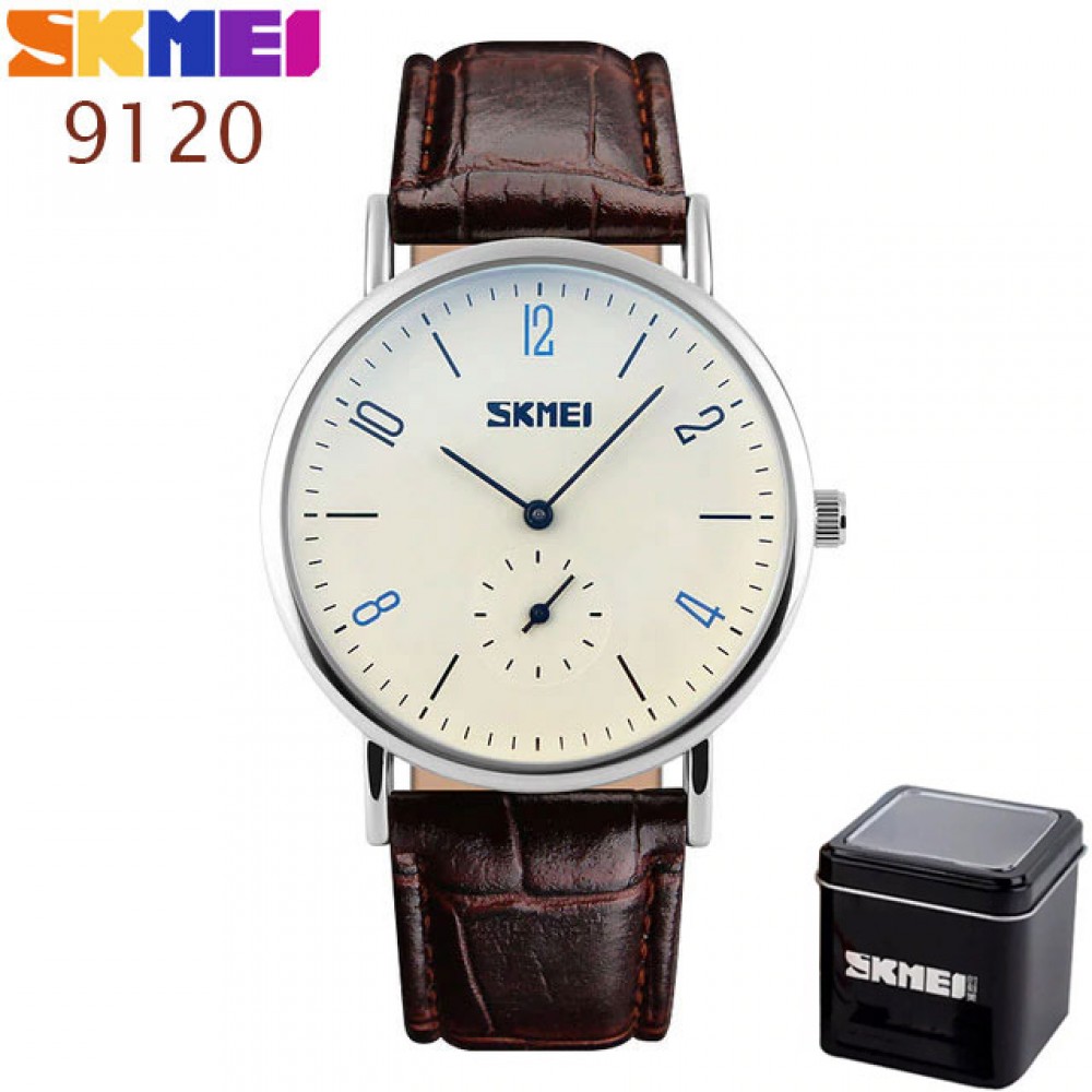Женские наручные часы SKMEI 9120 Белые с коричневым ремешком